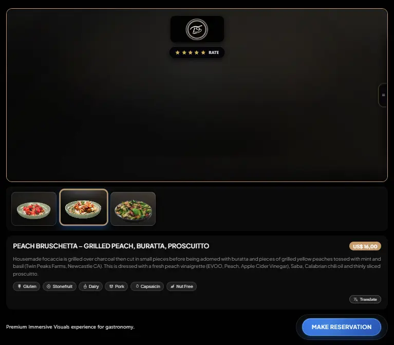 A 360 Table Experience dish page: 3D viewer, dish photos, name, price, description and dietary notes.